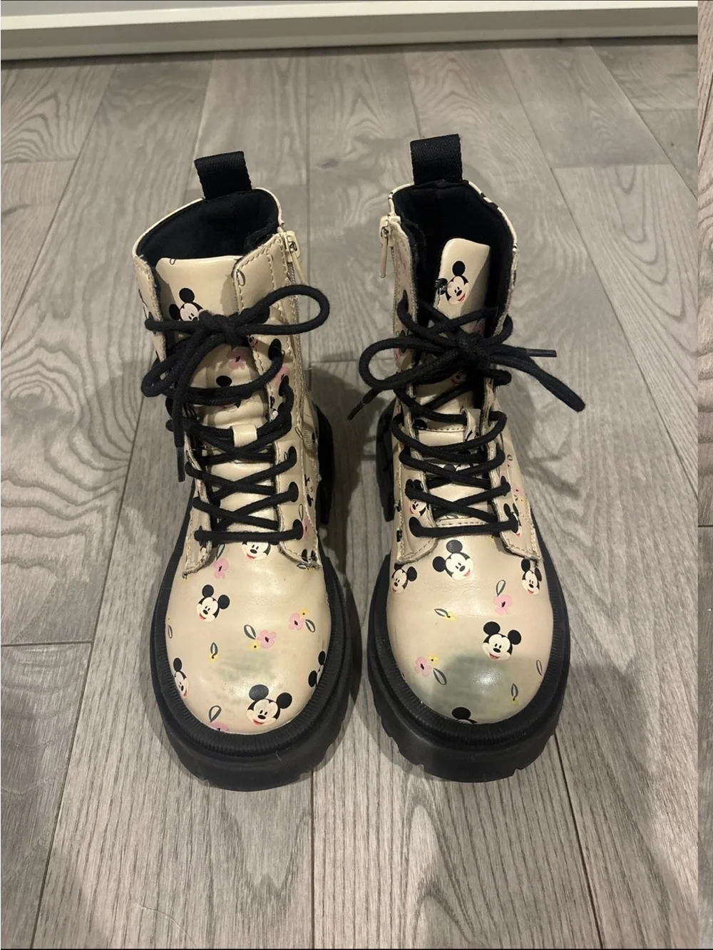 Zara Beige Kids Mickey Print Combat Boots with Black Soles